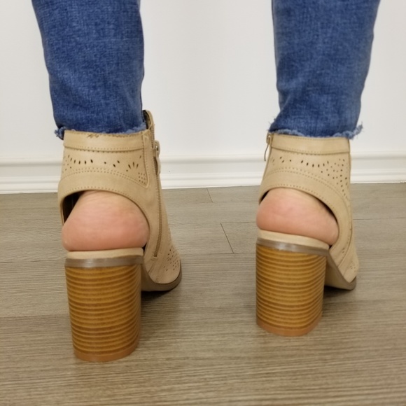 Taupe Laser cut Design Open Toe  Ankle Boots - Picture 6 of 7